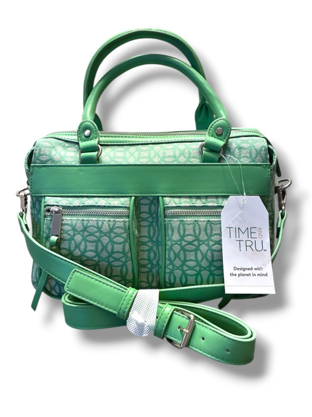 💚 NWT Time & Tru Green Satchel Crossbody Bag Double Zip Top Handle Purse